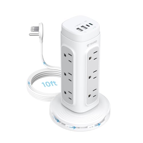 TROND Tower Surge Protector Power Bar with PD 20W USB C, 10ft Retractable Flat Plug Extension Cord, 12 Outlets 4 USB Ports (2 USB-C), Vertical Power Strip, Desk Charging Station, Dorm Room Essentials - 10ft - Flat Cord
