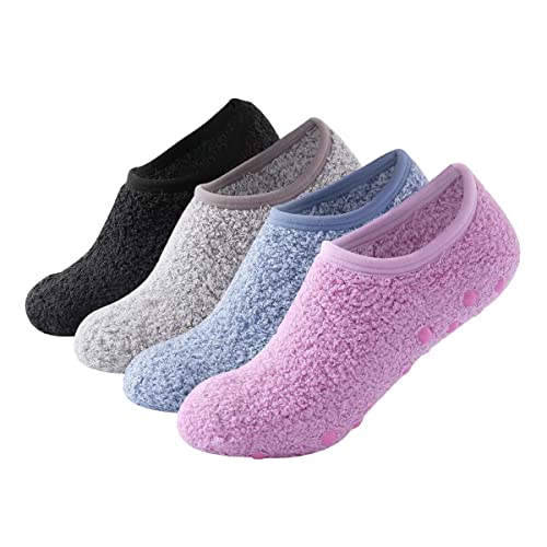 SKOLA Womens Soft Thick Warm Slipper Socks Grippers House Socks Non Slip Fuzzy Cozy Pom Pom Socks 3/4 Pairs - Black/Light Khaki/Light Blue/Pink 4pairs