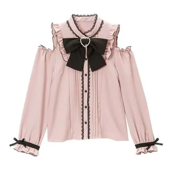 Pokn Lolita Fashion Jirai Kei Fashion for Women Cutecore Shoulder Shirt Women Lolita Lace Mesh Sheer Long Sleeve Blouse