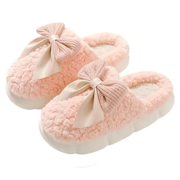 UNICOLD Fuzzy Cute Bow-tie Slippers For Women, Comfy Memory Foam Cloudy Soft Warm Slippers Indoor Outdoor In Winter