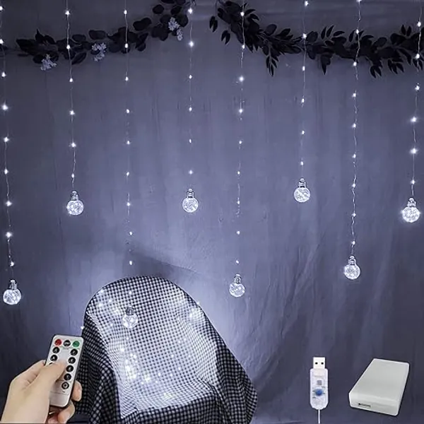 YOLIGHT Wishing Ball Curtain Lights 200 LED Window Curtain String Lights with Remote, USB Battery Powered Twinkle Globe Fairy Lights for Wedding Party Bedroom Halloween Christmas Decoration (White)