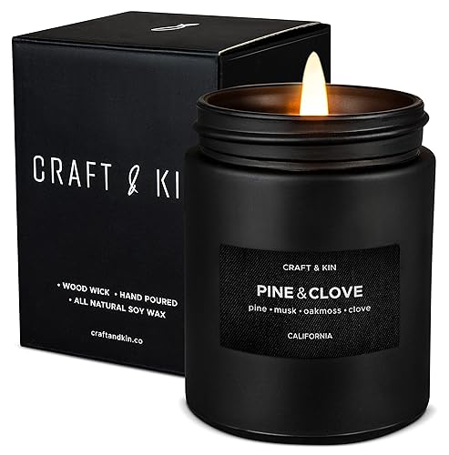 Craft & Kin Premium Pine & Clove Candle | Black Scented Candles for Home | Long Lasting with 45 Hour Burn Time, 7.6oz | Made with Soy | Aromatherapy at Home | Gifts for Men - Pine & Clove - Black Jar - 7.6oz