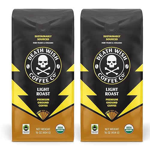 Death Wish Coffee, Ground Light Roast, Organic and Fair Trade, 1 Pound (Pack of 2) - Light Roast - 16 Ounce (Pack of 2)