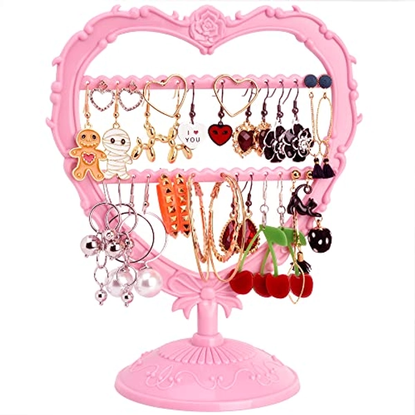 OkidsMall Cute Heart Earring Holder Small Jewelry Organizer Display Stand (Pink), 6W x 7H inch / 15W x 18H cm