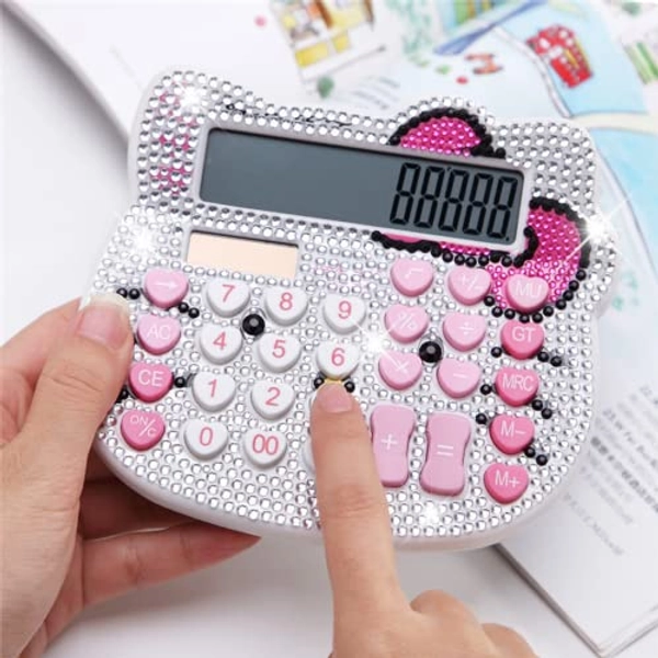 Hello Kitty Calculator, Xinyu Lighting Creative and Cute Solar Calculator, 12-Digit LCD Display, Suitable for Adults and Children, Solar and Battery Powered (White Jewel Model)