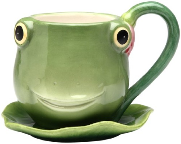 ATD 61514 4.75" Green Smiling Fairy Frog Teacup and Leaf Shaped Saucer Set