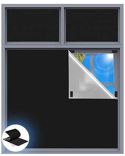 Blackout Curtains for Bedroom, 100" x 58" Portable Blackout Blinds with 20 Sets Hooks & Loops Strips for 100% Blackout Window Film, Temporary Blackout Shades for Windows Cover Nursery Travel RV- Black - Black - 148W x 255H cm