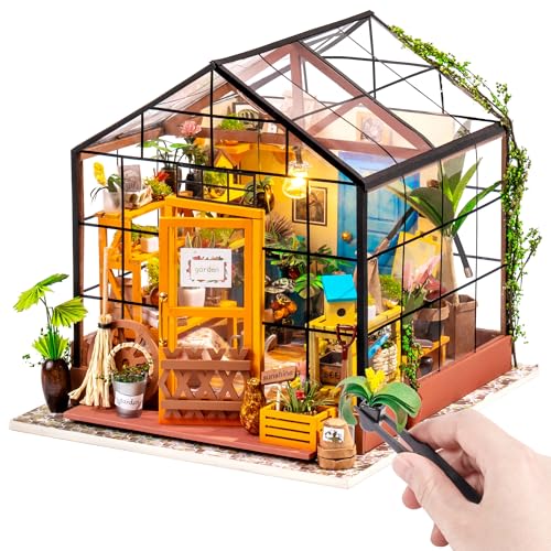ROBOTIME DIY Dollhouse Wooden Miniature Furniture Kit Mini Green House with LED Best Birthday Gifts for Boys & Girls - Cathy's Flower House