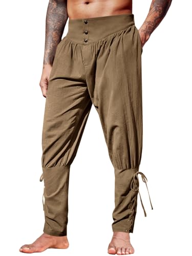 Runcati Mens Medieval Ankle Pants Renaissance Viking Pirate Lace Up Tapered Halloween Linen Costume Trousers - Brown - XX-Large