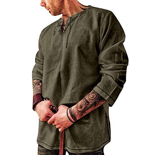 Men's Fashion Cotton Linen Shirt Long Sleeve Solid Color Ethnic Beach Yoga Top - XX-Large - Solid Black Green