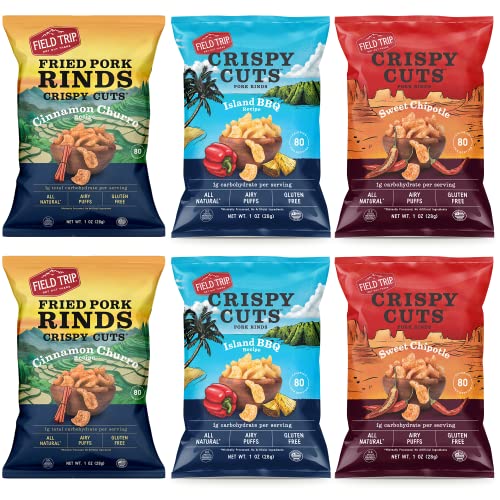 Field Trip Gluten Free Pork Rinds, Crunchy Paleo and Keto Friendly Snack, High Protein Low Carb Snacks, Island BBQ, Cinnamon Churro, and Sweet Chipotle, 1oz Bag, 6 Variety Pack - Variety Pack 1