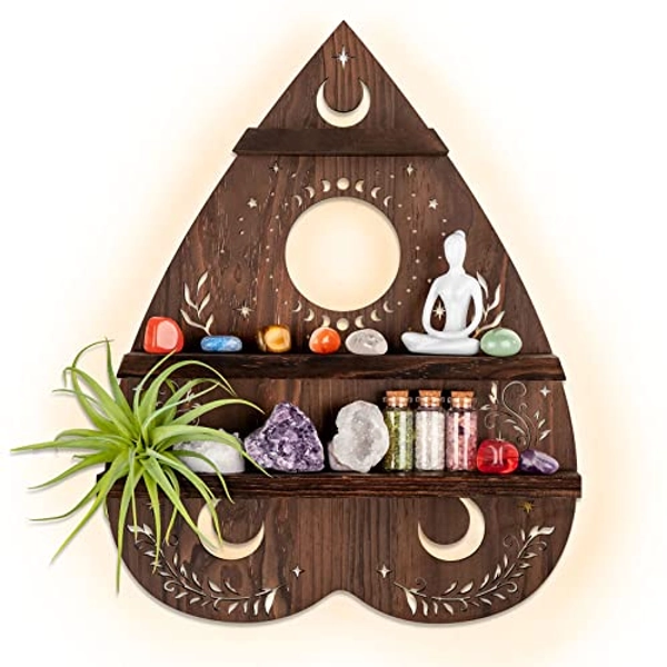 Planchette Crystal Wall Shelf Display for Stone, Ouija Vintage Pagan Crystal Holder Art Decor with Light, Wooden Dark Wiccan Gem Storage for Bohemian Home, Boho Aesthetic Organizer for Wicca Altar - Planchette