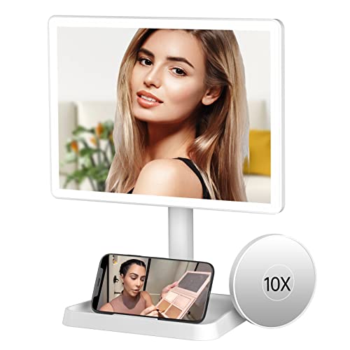 FUNTOUCH Rechargeable Makeup Mirror with Lights, 96 LED Lighted Makeup Vanity Mirror with Phone Holder and 10X Magnifying Mirror, 3 Color Lighting, Light Up Cosmetic Mirror with Dimmable Sensor Touch - White