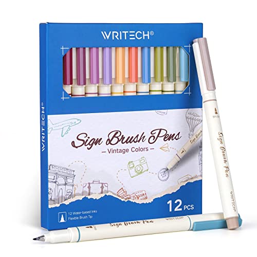 WRITECH Arts Sign Brush Pen Brush Tip Marker Felt Tip Water Based Ink Color Pens 12 Assorted Vintage Colors Great for Lettering Journaling Calligraphy (Vintage) - Vintage