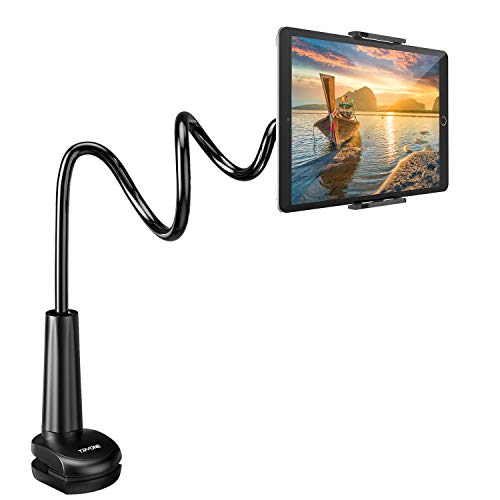 Gooseneck Tablet Holder Stand: Tryone Adjustable Flexible Arm Tablets Mount Clamp on Table Compatible with iPad Air Mini | Galaxy Tabs | Kindle Fire | Switch or Other 4.7-10.5" Devices - 01-Black