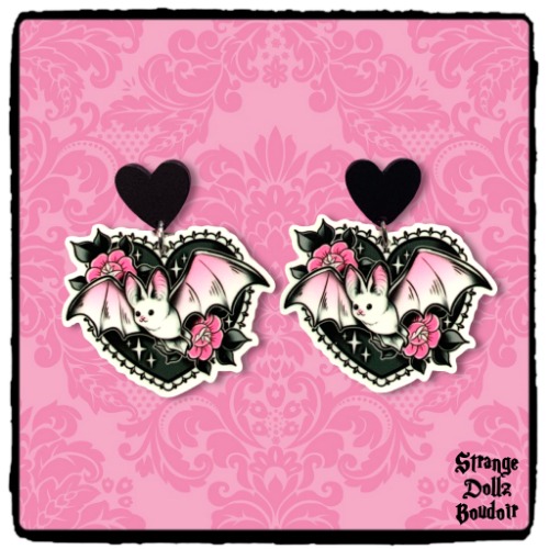 Bat earrings, 925 sterling silver, Cute gothic jewellery, Pastel Goth, Strange Dollz Boudoir