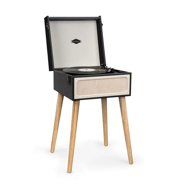 AUNA Sarah Ann - Platine Vinyle, Tourne Disque, 33, 45 et 78 t/MN, Design Mallette, Pieds Amovibles, Enceintes stéréo, Port USB, Lecteur de Carte SD, Bluetooth - Noir/Blanc
