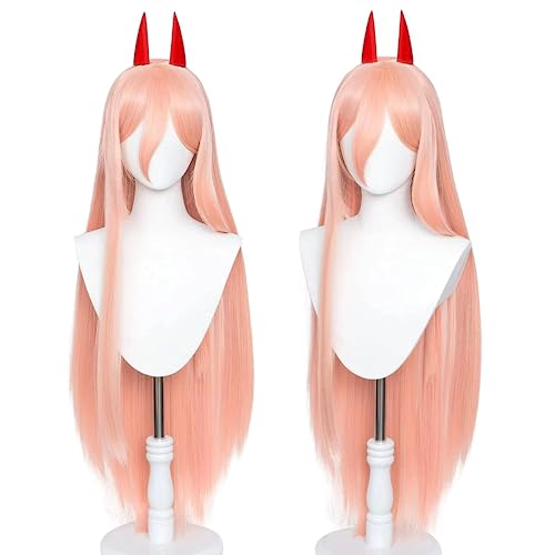 Uniquebe Power Wig Long Straight Anime Orange Pink Cosplay Wigs with Horn Hairpins, Women Girls Heat Synthetic Hair + Wig Cap Cos Prop Accessory for Halloween Costume Party (39 Inch) - Orange Pink