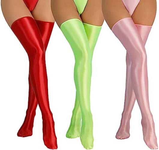 FEOYA Women’s Shiny Thigh High Stocking Glossy Metallic Shimmery Stockings Party Club Cosplay - 3packs Red/Pink/Green