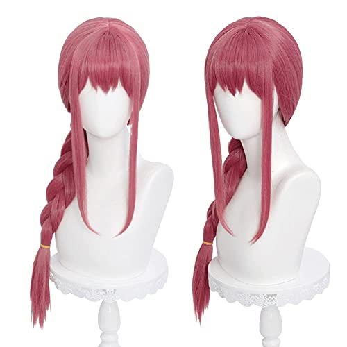 Uniquebe Long Pink Red Cosplay Wig Braid Wigs with Bangs & Wig Cap for Women Girls Cos, Anime Heat Resistant Synthetic Hair Photo Prop for Halloween Costume Party (27.5 Inch) - Red