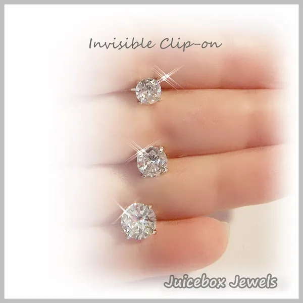 Invisible Clip-on Cubic Zirconia CZ 4-Prong Choose 6mm,7mm or 8mm, Silver Tone Illusion Plastic/Resin Stud Non-Pierced Earrings  Y671