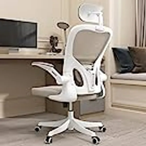 Monhey Ergonomic Office Chair Office Chair with Lumbar Support & Headrest & Flip-up Arms Height Adjustable Rocking Home Office Desk Chairs Swivel High Back Computer Chair Warm Taupe Mesh Study Chair