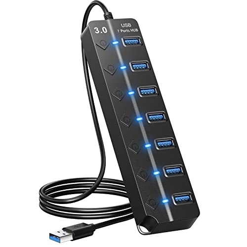ONFINIO USB Hub 3.0, 7-Port USB Hub Splitter with Individual On/Off Switches and Lights, 3.2ft/1m Long Cable Compatible with MacBook, Laptop, Surface Pro, PS4, PC, Flash Drive, Mobile HDD - Black