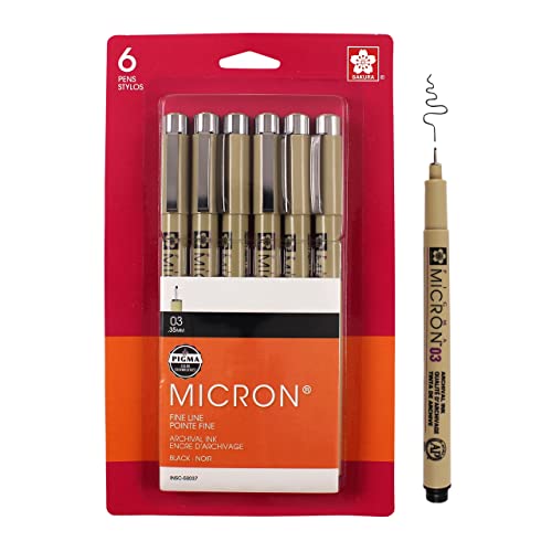 SAKURA Pigma Micron Fineliner Pens - Archival Black Ink Pens - Pens for Writing, Drawing, or Journaling - Black Ink - 03 Point Size - 6 Pack - 6 Count (Pack of 1)