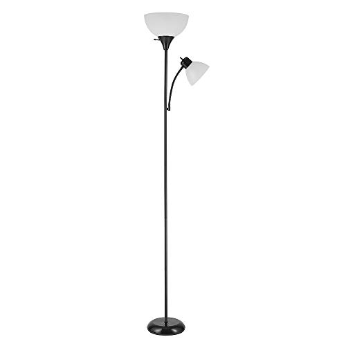 Globe Electric 67135 72" Torchiere Floor Lamp + Adjustable Reading Light, Matte Black, Frosted Plastic Shade, 3-Step Rotary Switch on Socket, Living Room Décor, Reading Light, Home Essentials - Black