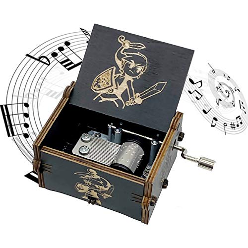 Zelda Wooden Music Box, Hand Crank Wood Legend of Zelda Theme Musical Boxes, Antique Engraved Carved Crafts Gift for Wedding, Valentines, Christmas, Birthday(Black) - Black