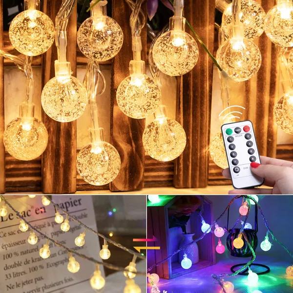 Color Changing Globe String Lights - 100 LED 33Ft Bubble Ball Lights USB Plug with 8 Modes Waterproof Crystal String Lights for Indoor Outdoor Bedroom Wedding Day | Warm White+Multicolored