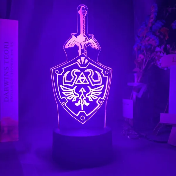 3D Night Light Illusion Led Decor Lamps Lights USB Game The Legend of Zelda Link's Sword and Shield Sign Led Night Light Lamp for Kids Child Room Decor Cool Birthday Gift for Fans UHJJ