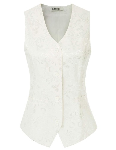 GRACE KARIN Womens Waistcoat Vest Vintage Steampunk Dress Jacquard Jacket - White #49 X-Large