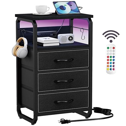 runjuly Bed Side Table with 3 Fabric Drawers, Black Night Stand, LED Nightstand with Hooks, Bedside Table with Charging Station, End Table with Storage, Night Table for Living Room, Bedroom, Dorm - Black - 3 Drawers