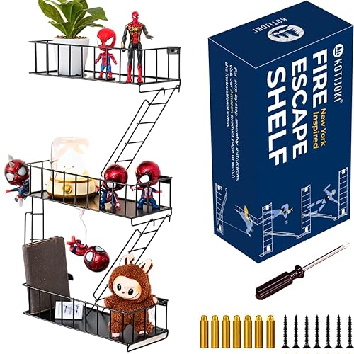 3 Tier Fire Escape Wall Shelf with Screwdriver and Screws, New York Metal Decorative Shelf for Action Figure Display, Rustic Wall Shelves for Bedroom, Home Décor, Living room (Midnight Steel) - Midnight Steel