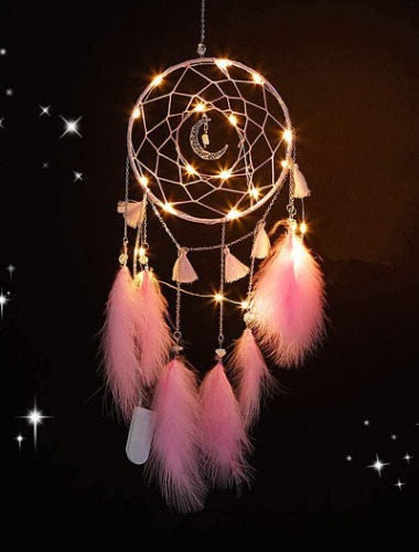 Nice Dream Pink Dream Catchers, Room Nursery Decor for Girls Boys, Handmade Feather Wall Decor with Lights, Home Ornaments Craft Gift for Bedroom - 01-pink