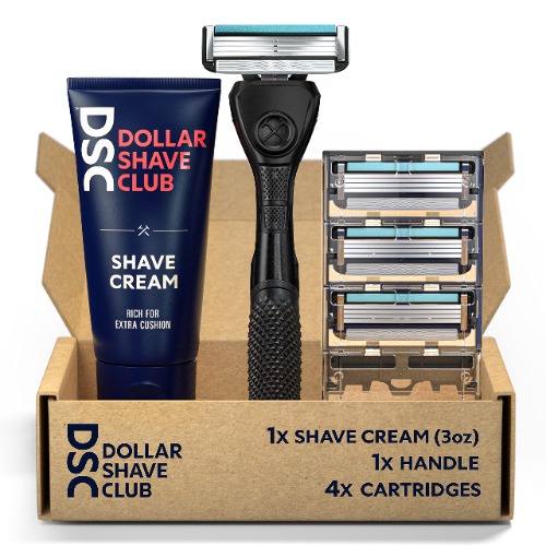 Dollar Shave Club | 4-Blade Razor Set | Diamond Grip Club Razor Handle, 4-Blade Club Razor Cartridges, Shave Cream with Aloe and Coconut Oil, Easy to Grip Handle, Shaving Kit, Value Bundle ,Black/Teal - 3oz Shave Cream