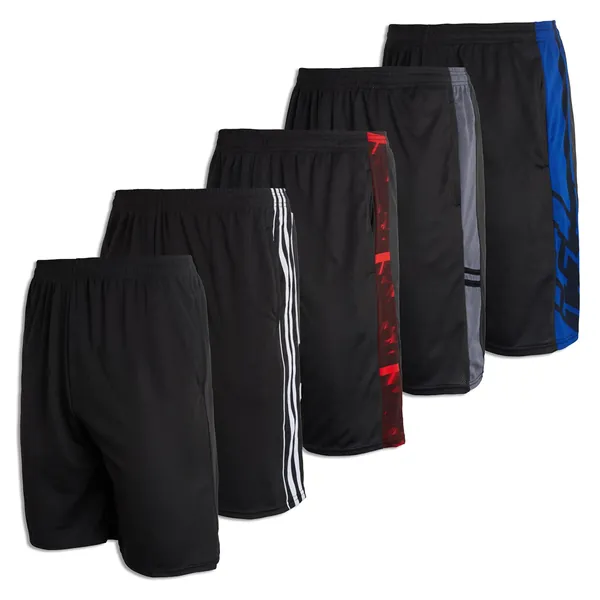 Real Essentials 5 Pack: Men's Mesh Athletic Performance Gym Shorts with Pockets (S-3X) - X-Large Set H