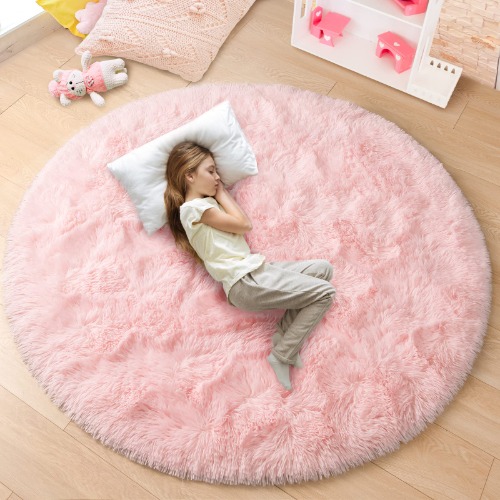 junovo Round Fluffy Soft Area Rugs for Kids Girls Room Princess Castle Plush Shaggy Carpet Cute Circle Nursery Rug for Kids Baby Girls Bedroom Living Room Home Decor Circular Carpet, 4ft Pink - 4ft Pink