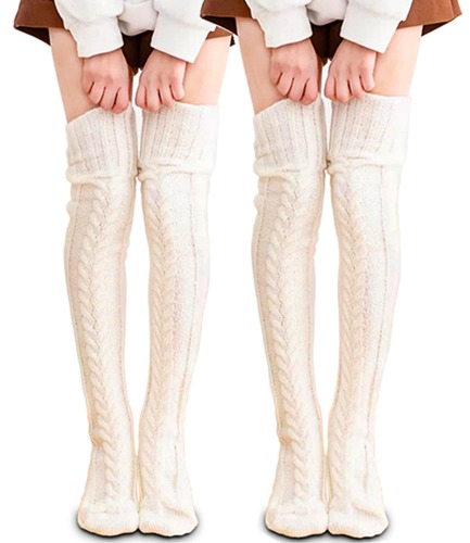 VETHIN Women's Cable Knitted Thigh High Boot Socks Over Knee High Long Leg Tube Leg for Women Warmers Stockings - White 2pcs