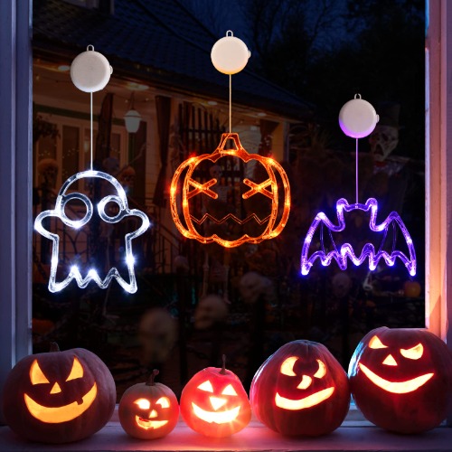 LOLStar Halloween Decorations,3 Pack of Orange Pumpkin,White Ghost and Purple Bat Halloween Window Lights with Suction Cup,Battery Operated Indoor Window Hanging Lights for Halloween Window Decoration - 