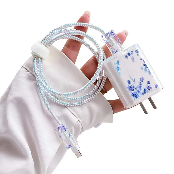 Cute Cable Protector for iPhone Charger,Kawaii Purple Lavender Flower Floral Pattern Unique Design Data Cable Bite Protector Data Line Earphone Wire Bite Saver for iPhone 14 13 12 11 Pro Max ipad