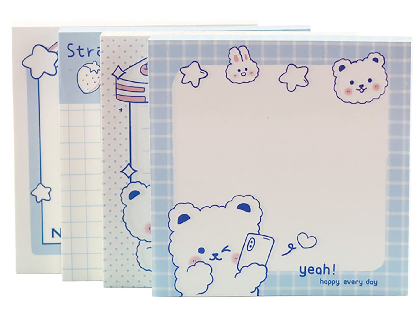 4 Pack Cute Sticky Notes Kawaii Sticky Notes Memo Pads 3.1x3.1 Inches Fresh Bear Series Self-Stick Note Pads for Girls Boys Students School Office Home (320 Sheets), 4 Pads 80 Sheets/Pad - Blue-white Bear