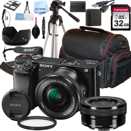 Sony a6000 Mirrorless Digital Camera with 16-50mm Lens + 32GB Card, Tripod, Case, and More (18pc Bundle)