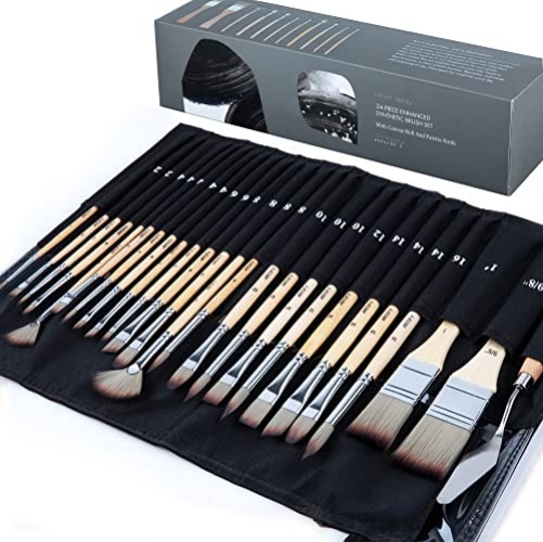 ARTIFY 24 Pieces Paint Brush Set, Expert Series, Enhanced Synthetic Brush Set with Cloth Roll and Palette Knife for Acrylic, Oil, Watercolor and Gouache (Birch) - Birch