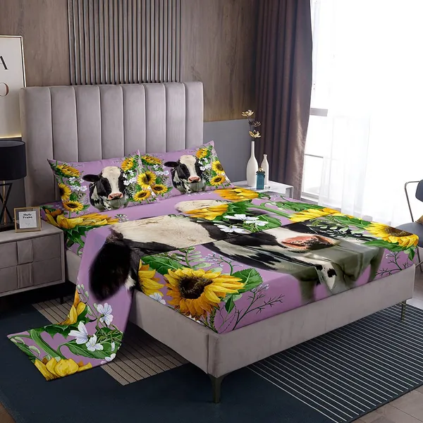 Castle Fairy Milk Cow Fitted Sheet 4 Pieces Full Size,Sunflowers and Cow Print Purple Bed Sheet Set for Girls Teens Room Decor,Floral and Animal Theme Bedding Set + 1 Flat Sheet + 2 Pillowcases - Purple Milk Cow FULL (W54*L75*H16")