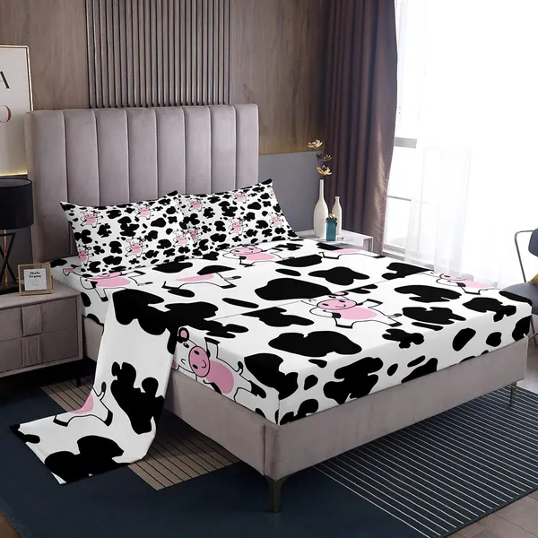 Castle Fairy Milk Cow Print Fitted Sheet Full Size 4 Piece,Farmhouse Cute Animal Bed Sheet Set for Girls Teens Bedroom Xmas Gift,Black and White Fur Polyester Bedding Set with 1 Flat + 2 Pillowcases - Pink Milk Cow FULL (W54*L75*H16")