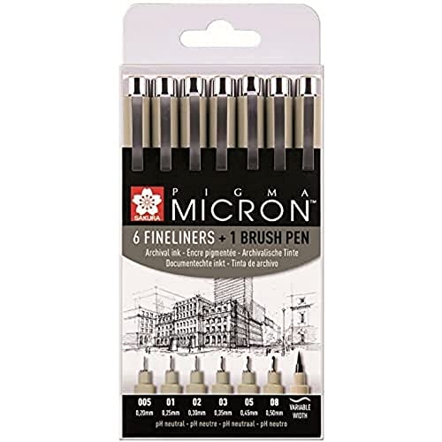 SAKURA Pigma Micron - Juego de delineadores finos | 6 tamaños + 1 cepillo Pigma, negro (POXSDK7B)
