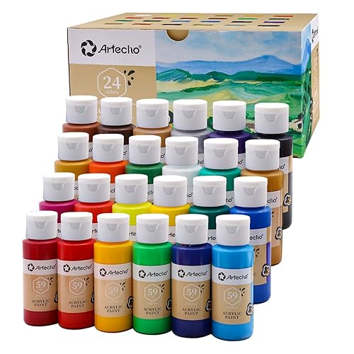Artecho Pinturas Acrilicas 24 × 59 ml, Acrylic Paint Set, Impermeable y resistente a la luz, para Lienzos, Tela, Madera, Cristal, Piedras. - 59ml x 24