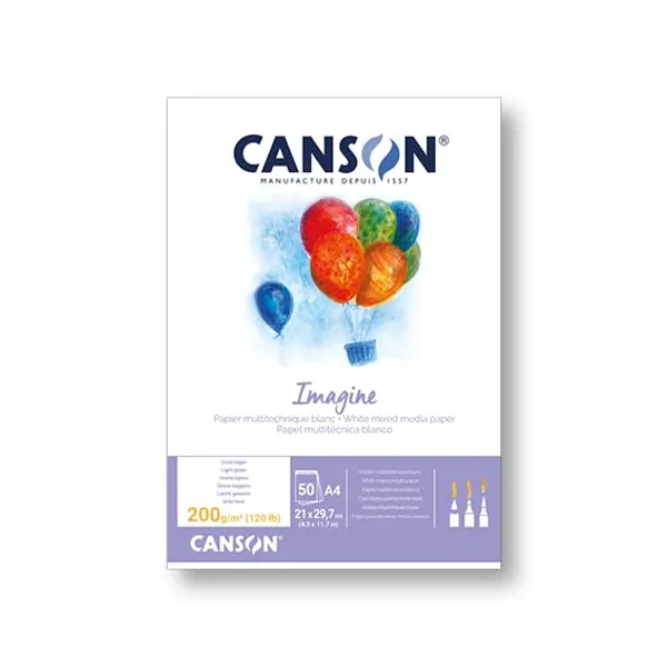 Canson Imagine, Bloc Encolado, A4, 50 Hojas, Grano Fino 200 g, Color Blanco